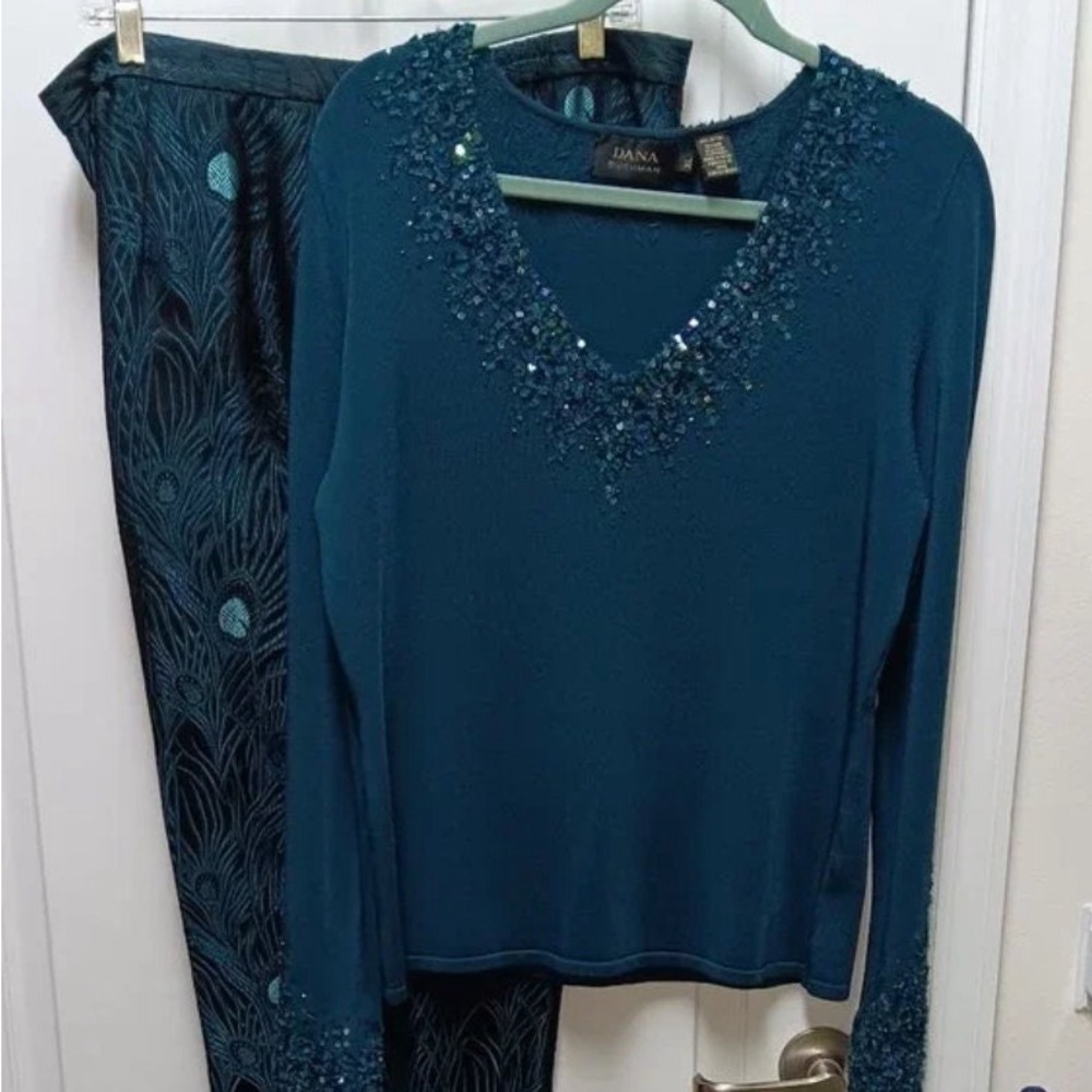 Vintage Special Occasion Sweater Sz XL Embellished & Matching Teal Brocade Pants